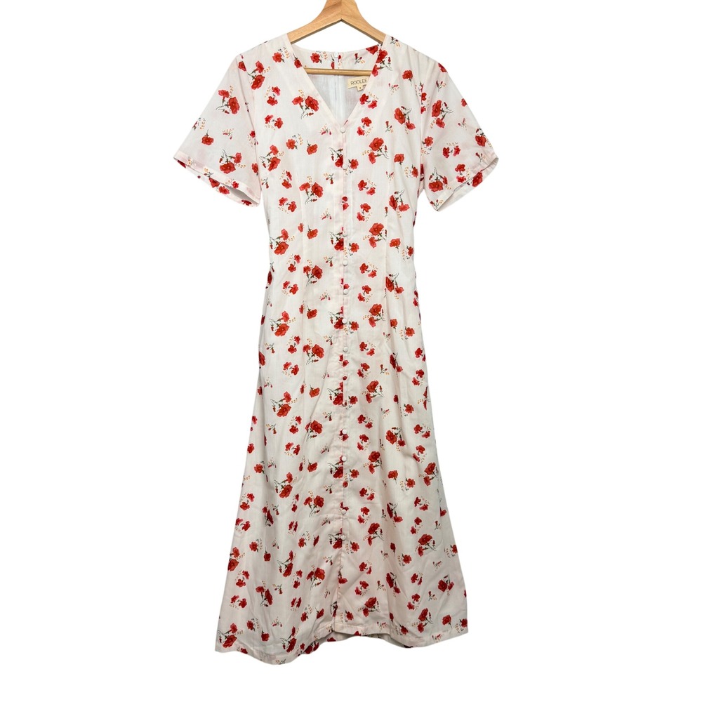 Roolee Womens White Red Floral Button Front V-Neck A-Line Midi Dress Size S